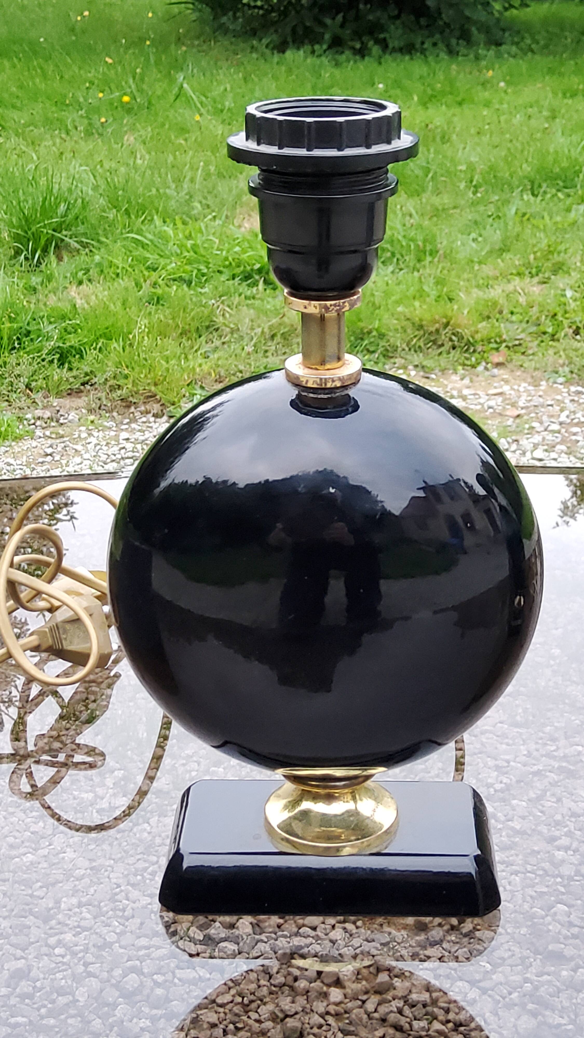 Pair of 70s designer lamps in black ceramic and gold metal