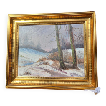 Paysage d'hiver vintage avec des bouleaux, peinture à l'huile