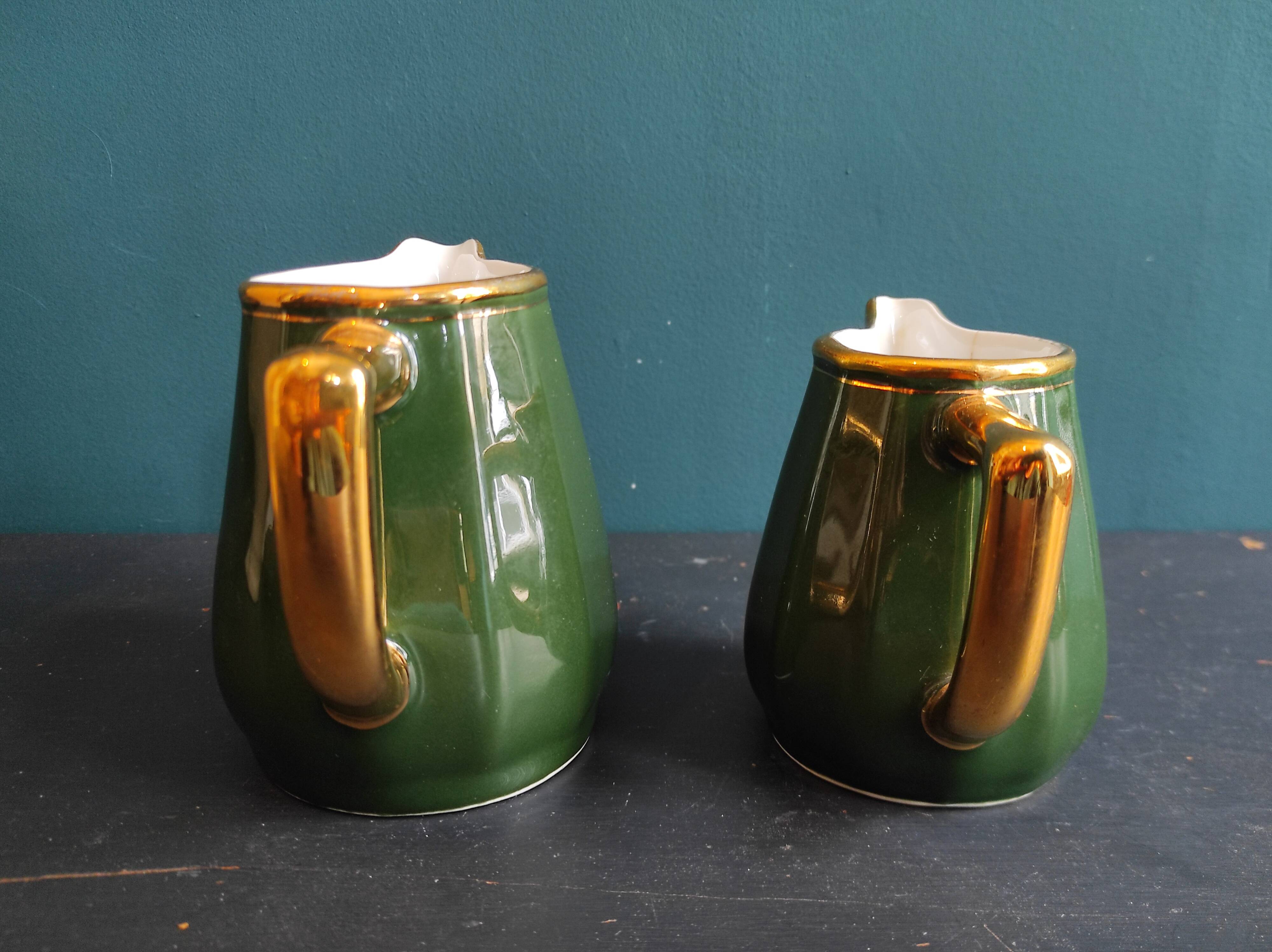 Set of two vintage French milk jugs in green and gold, Manuguet, Tarbes Lourdes