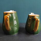 Set of two vintage French milk jugs in green and gold, Manuguet, Tarbes Lourdes