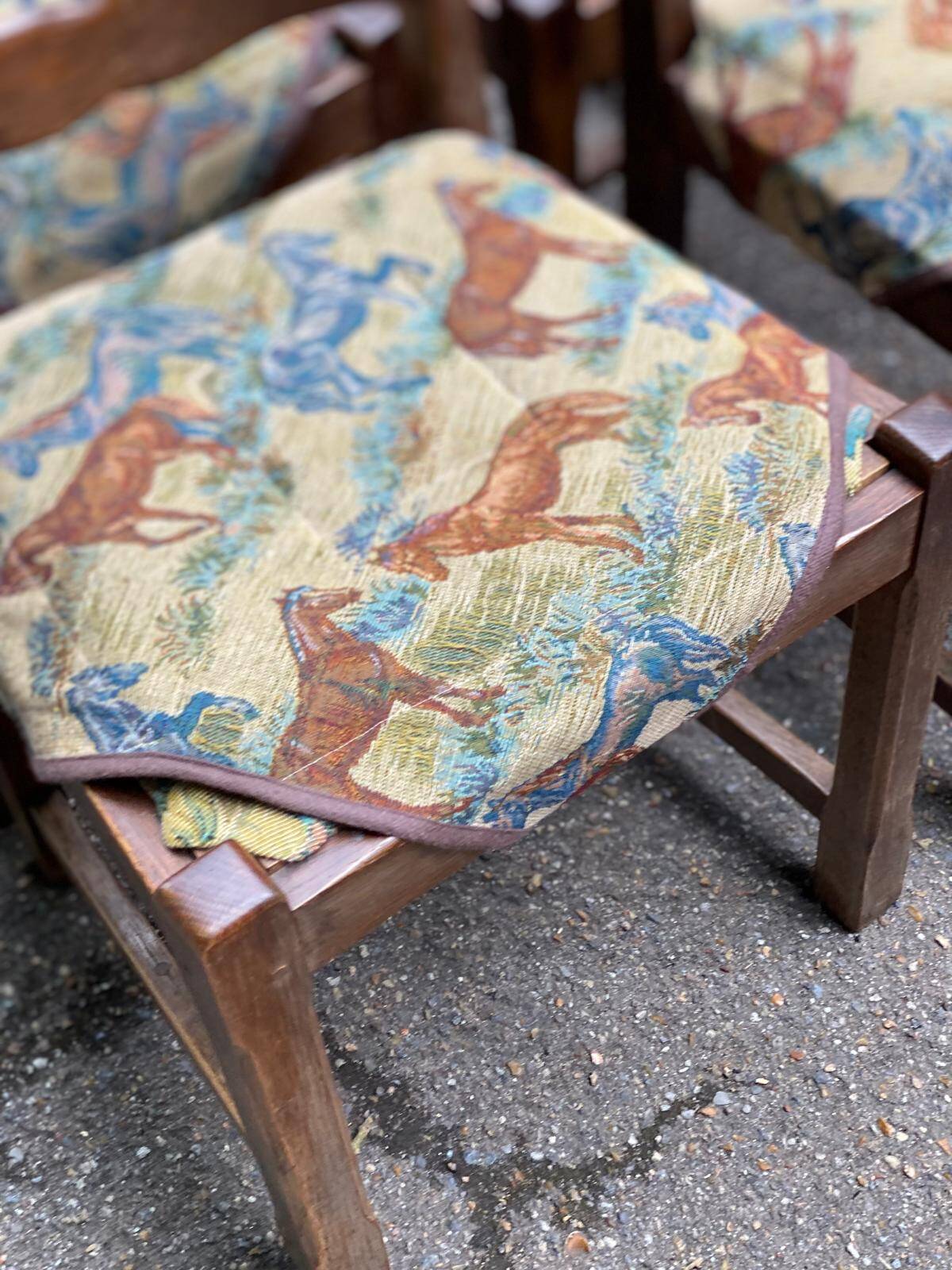 6 solid wood chairs in dark oak and floral fabric
