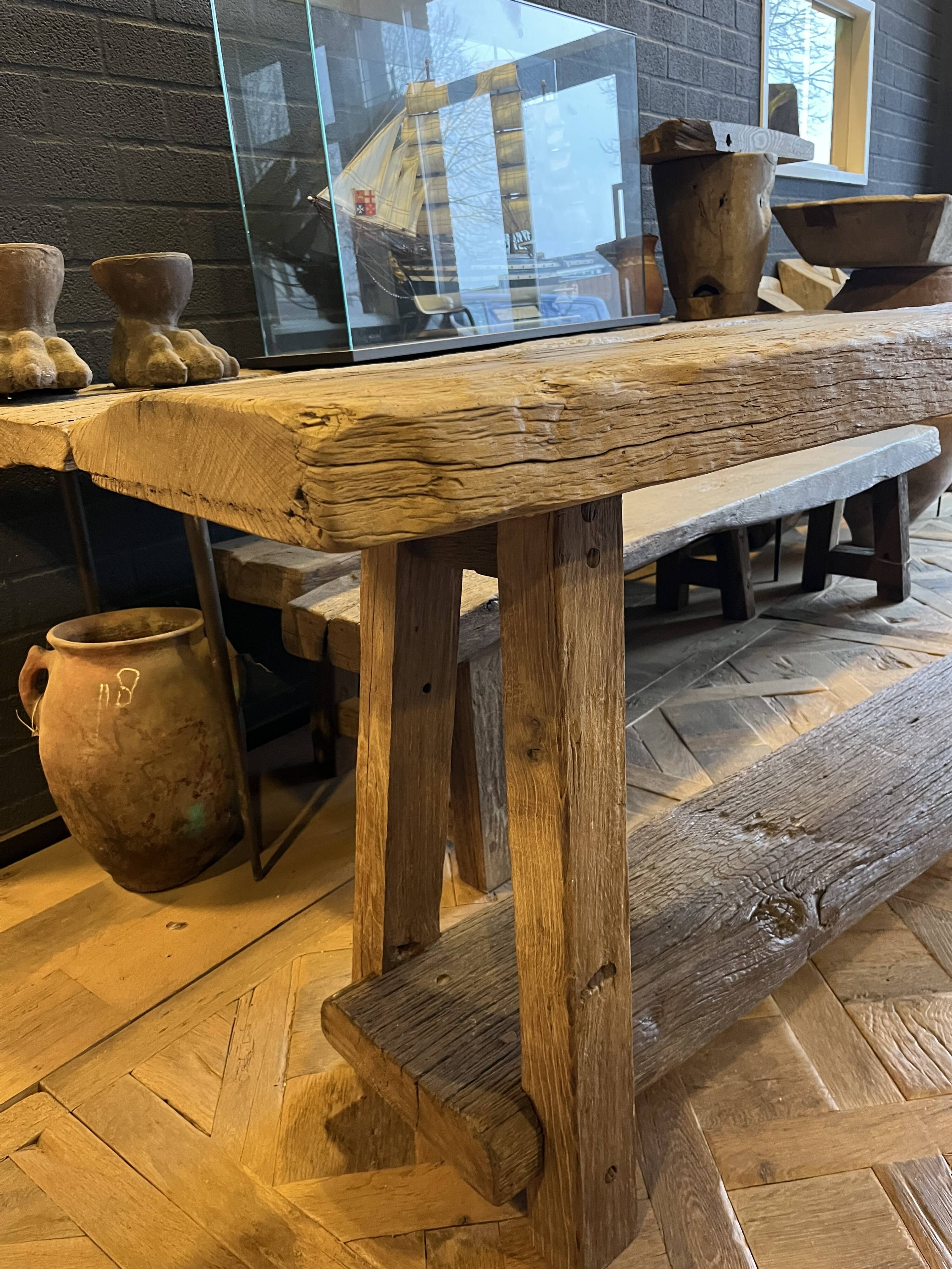 Tall console table in solid antique oak - 335cm long