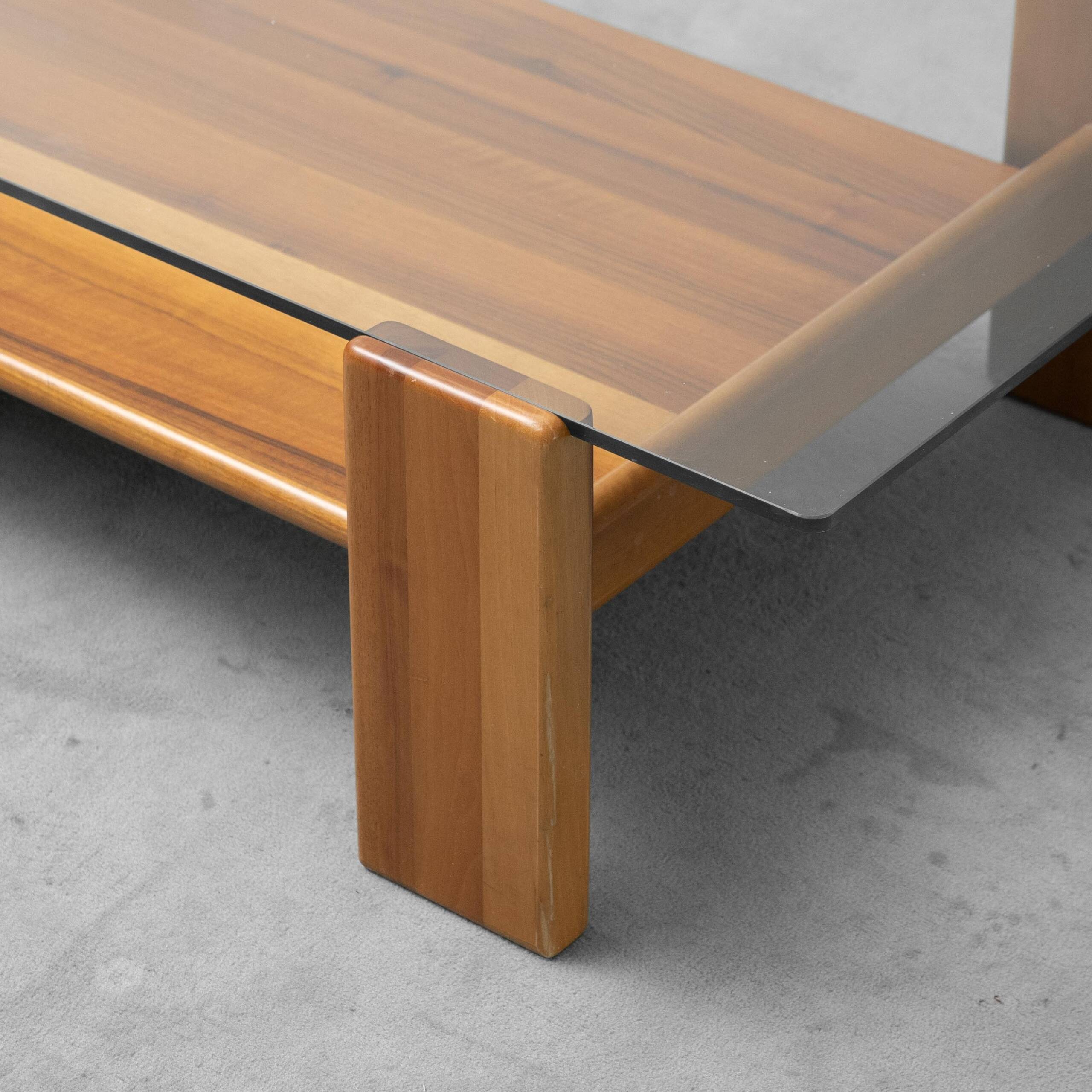 Vintage coffee table in glass and wood, modernist design, 1970s