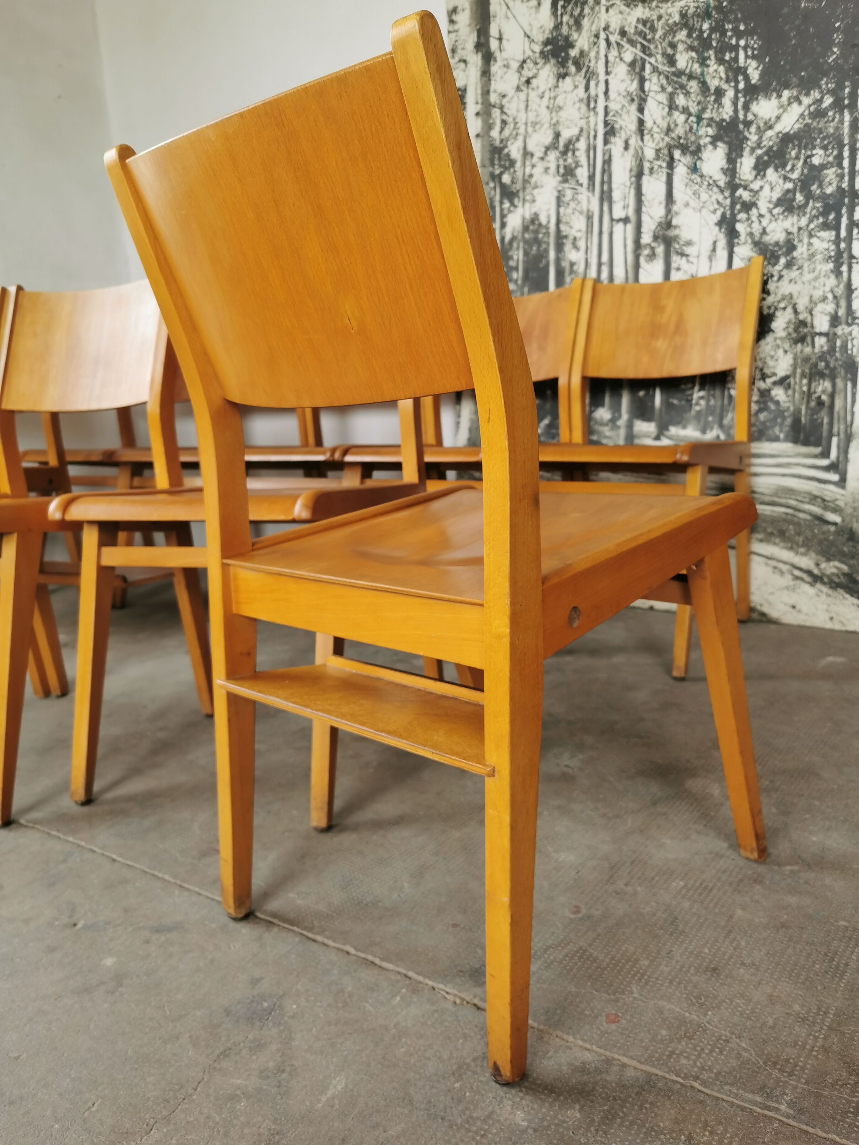 Lot de 6 chaises de théâtre en bois blond