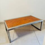 Vintage coffee table in elm burl and stainless steel base – Design 1970