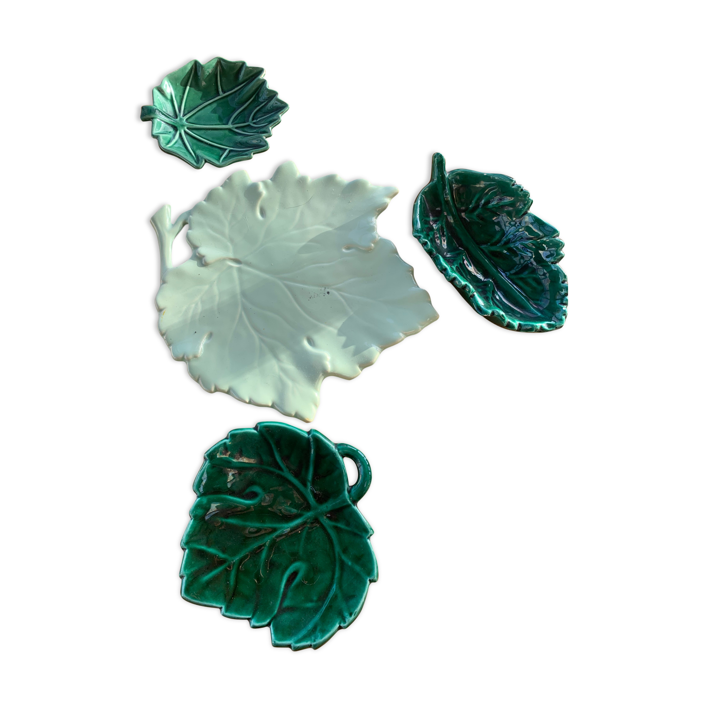 Set of 4 dishes empty pocket enamelled ceramic green lunetta vallauris leaf shape vallauris