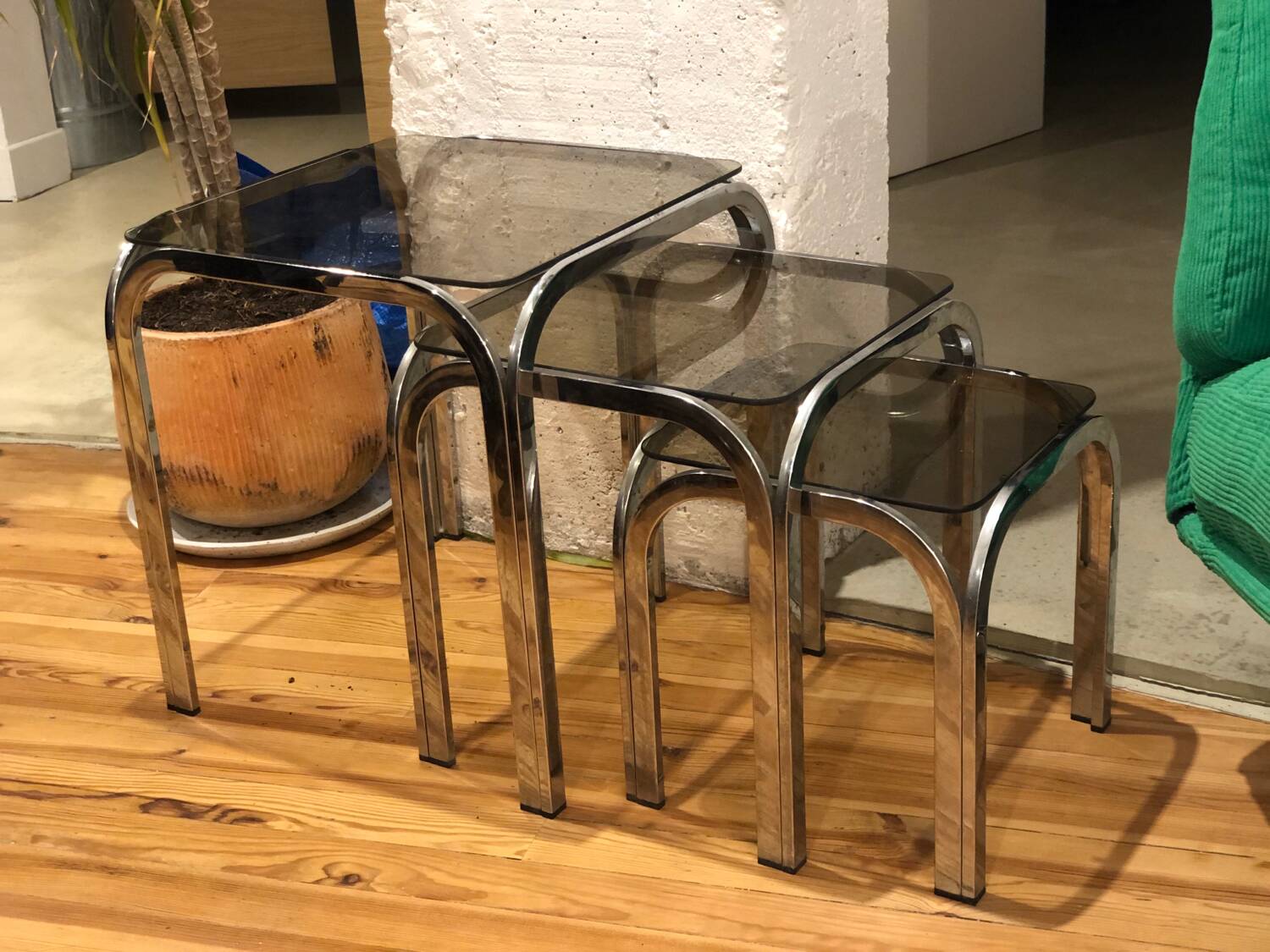 Chrome and smoked glass nesting tables