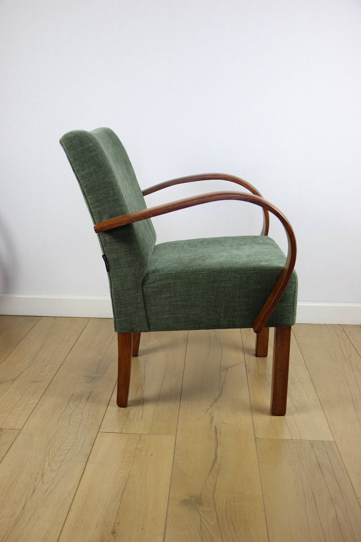 Fauteuil vintage Art Déco en bois courbé et tissu vert olive