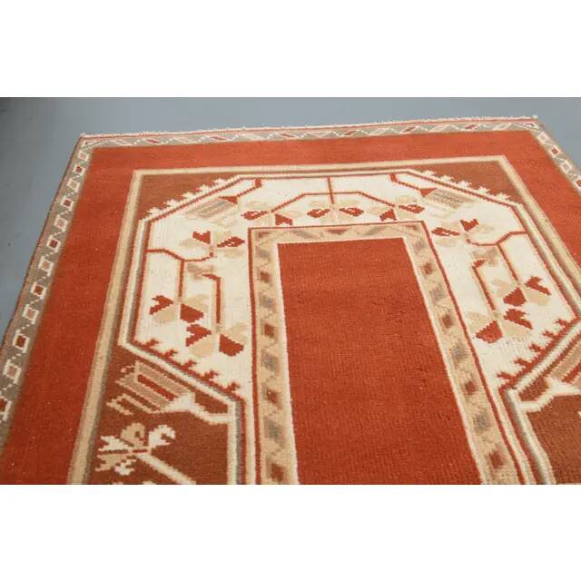 1970's Vintage Turkish Milas Handmade Wool Cotton Orange Area Rug 88x136