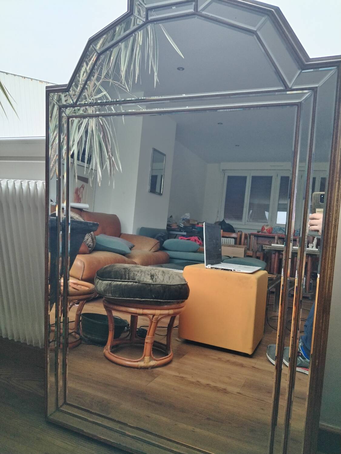 Large Wooden Mirror with Beveled Beads 1970s
