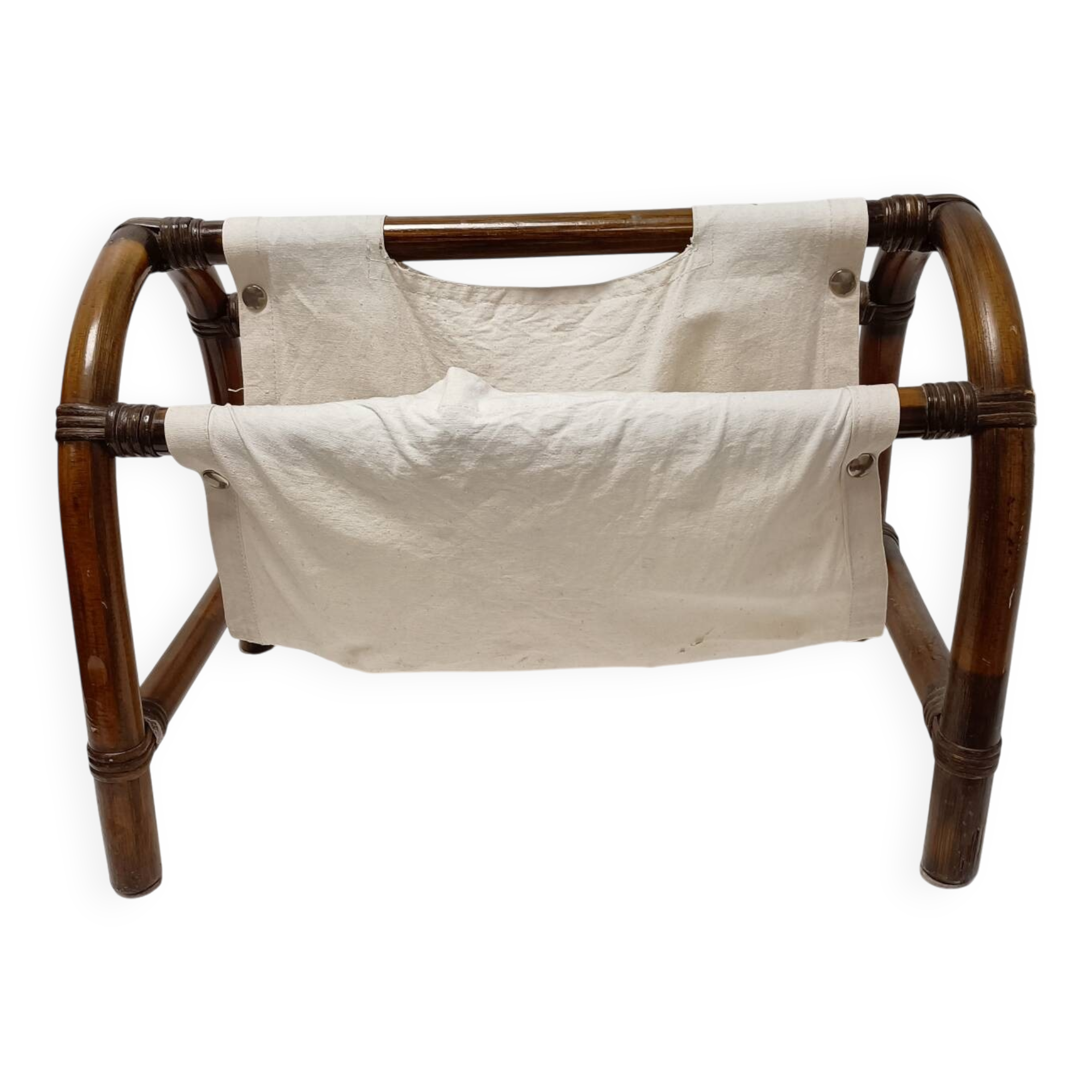 Bamboo and fabric magazine rack - vintage 70s bohemian rattan style