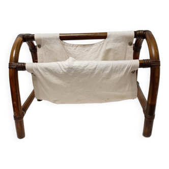 Bamboo and fabric magazine rack - vintage 70s bohemian rattan style