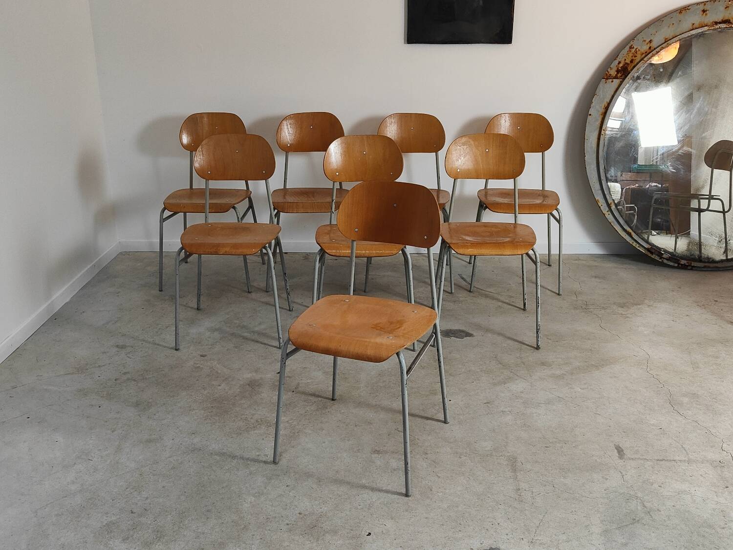 Set of 8 industrial style school chairs, Czechoslovakia 1950