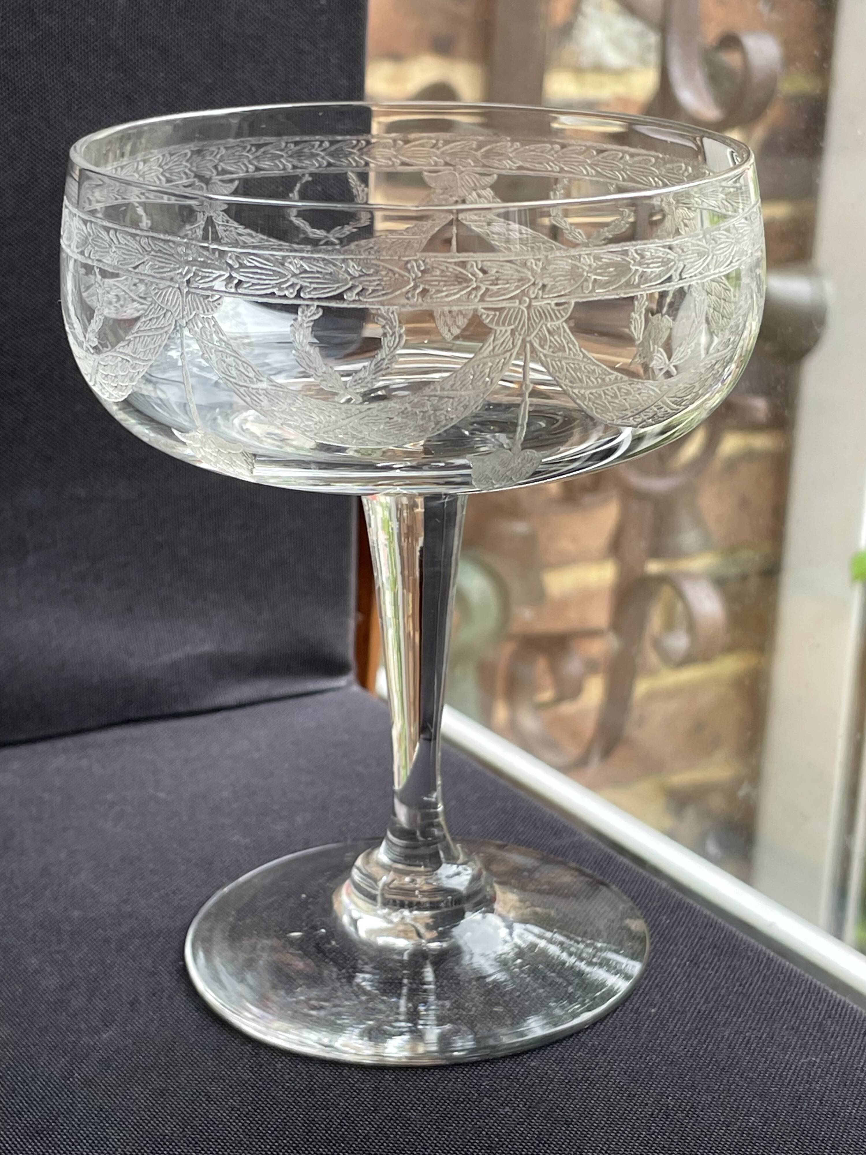 6 ½ crystal guilloché champagne glasses – Art nouveau