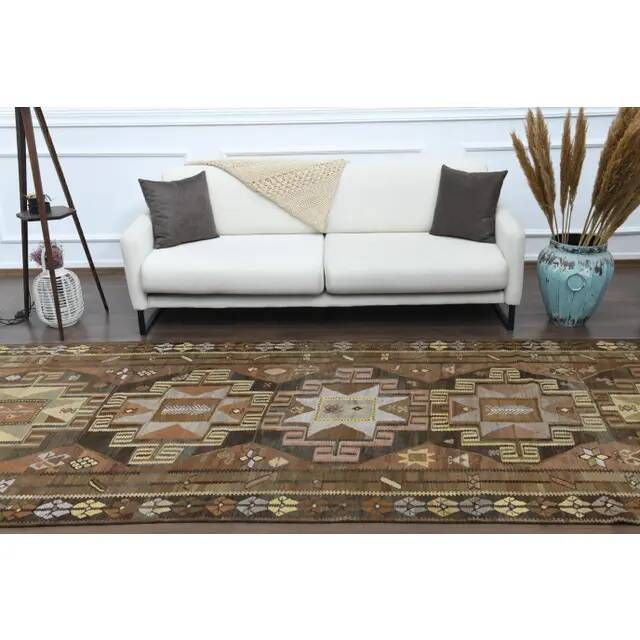 1970s Vintage Turkish Hand-Knotted Wool Cotton Brown Runner Rug 150x390