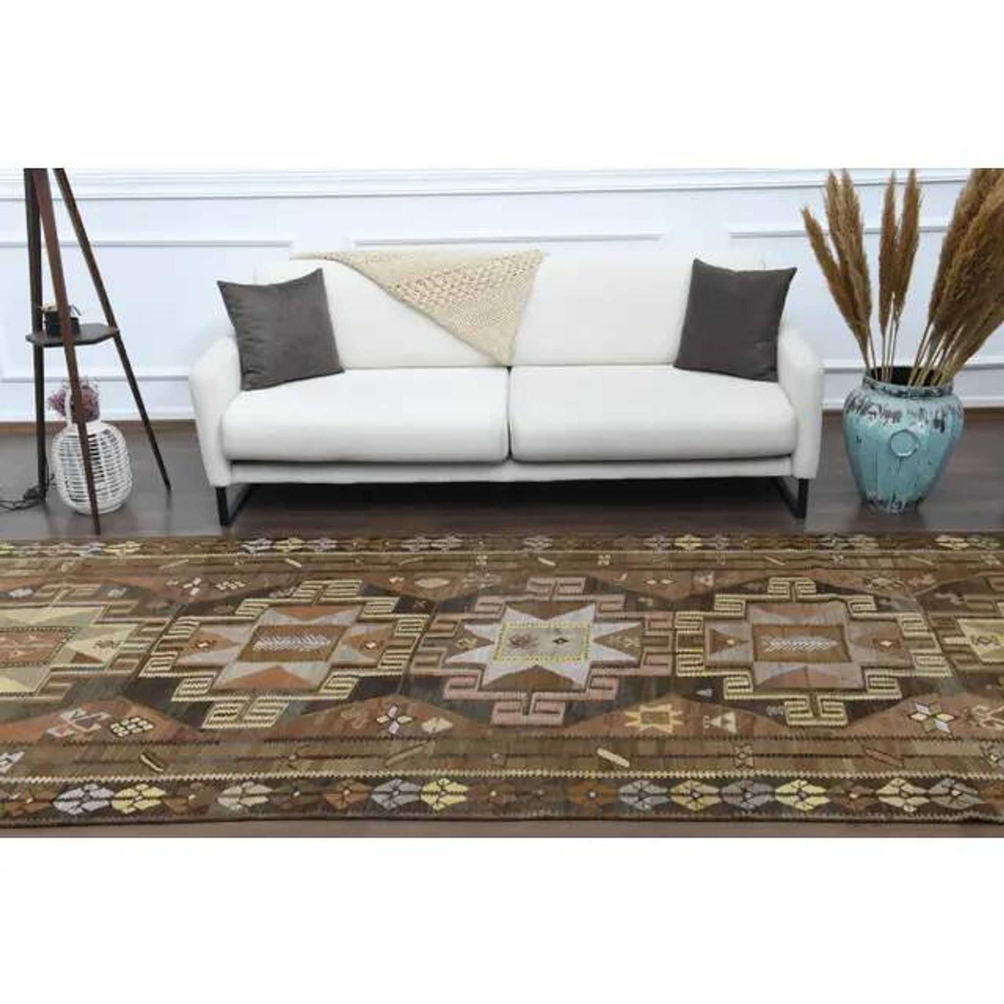 1970s Vintage Turkish Hand-Knotted Wool Cotton Brown Runner Rug 150x390