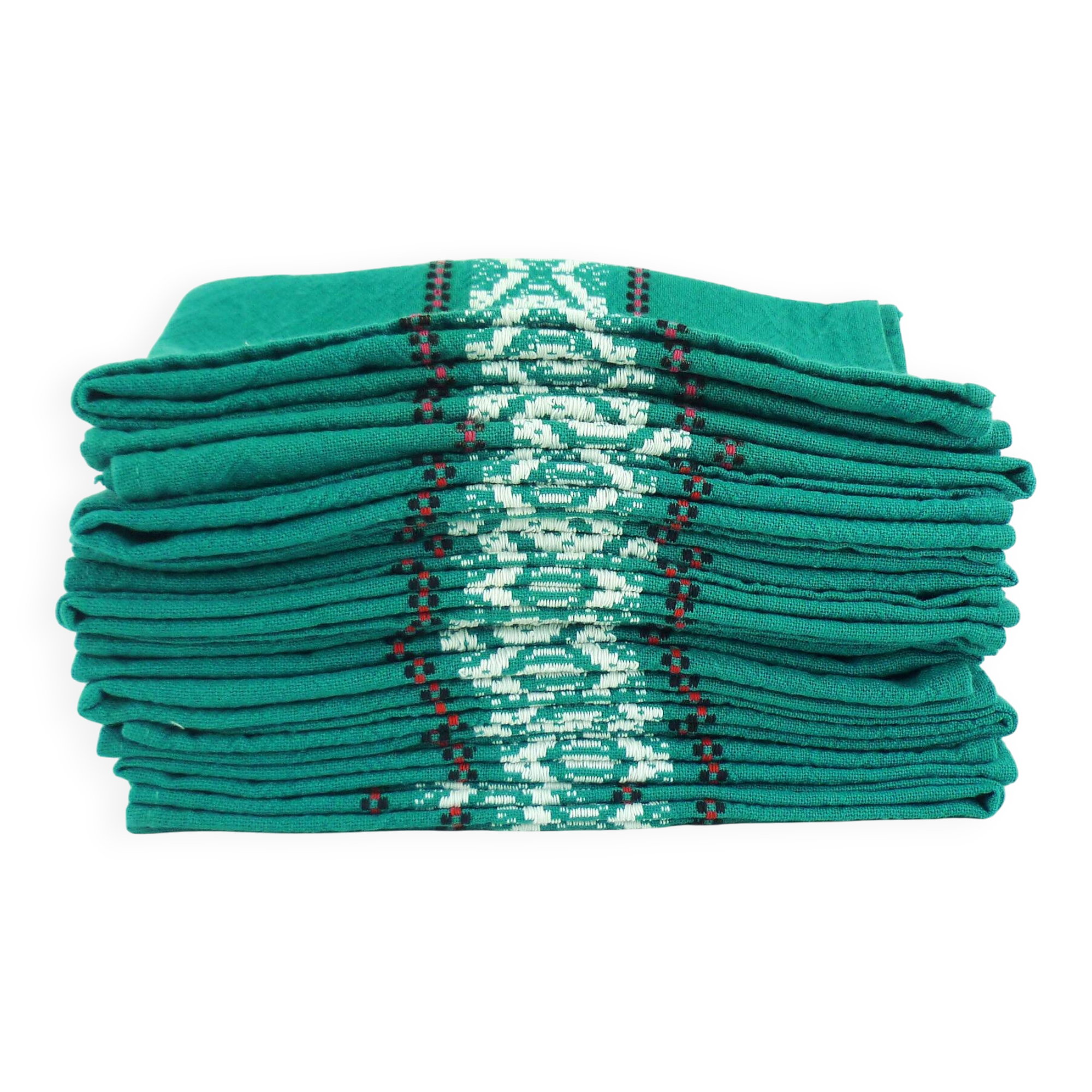 10 green cotton napkins - embroidered Basque-style designs