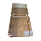 2 side tables in plexiglass, glass, and brass.