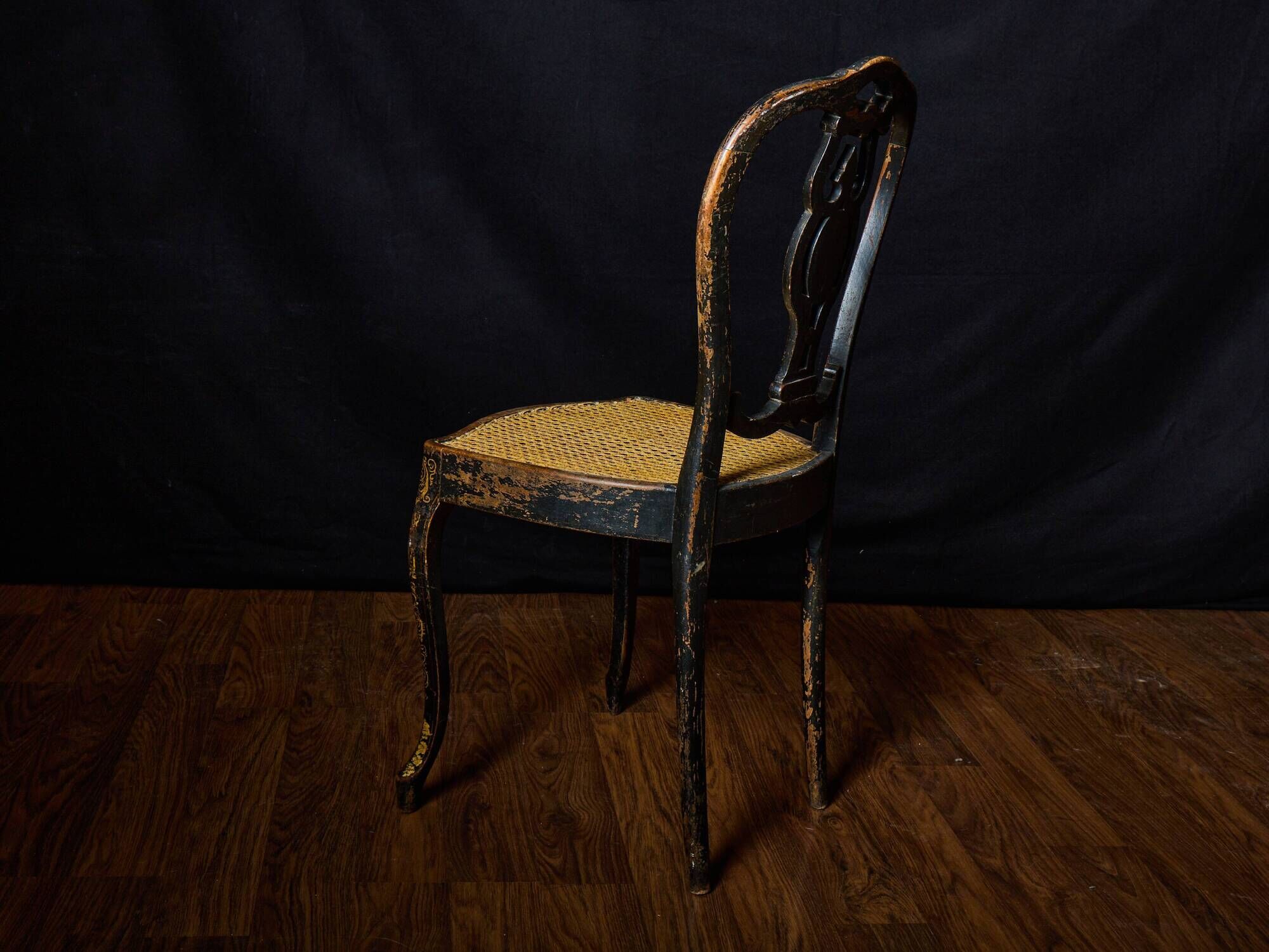Antique black and gold lacquered chair – Napoleon III style – caned seat