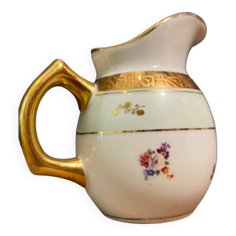Porcelain milk jug with floral decoration on white, almond green and gold background, Art Deco