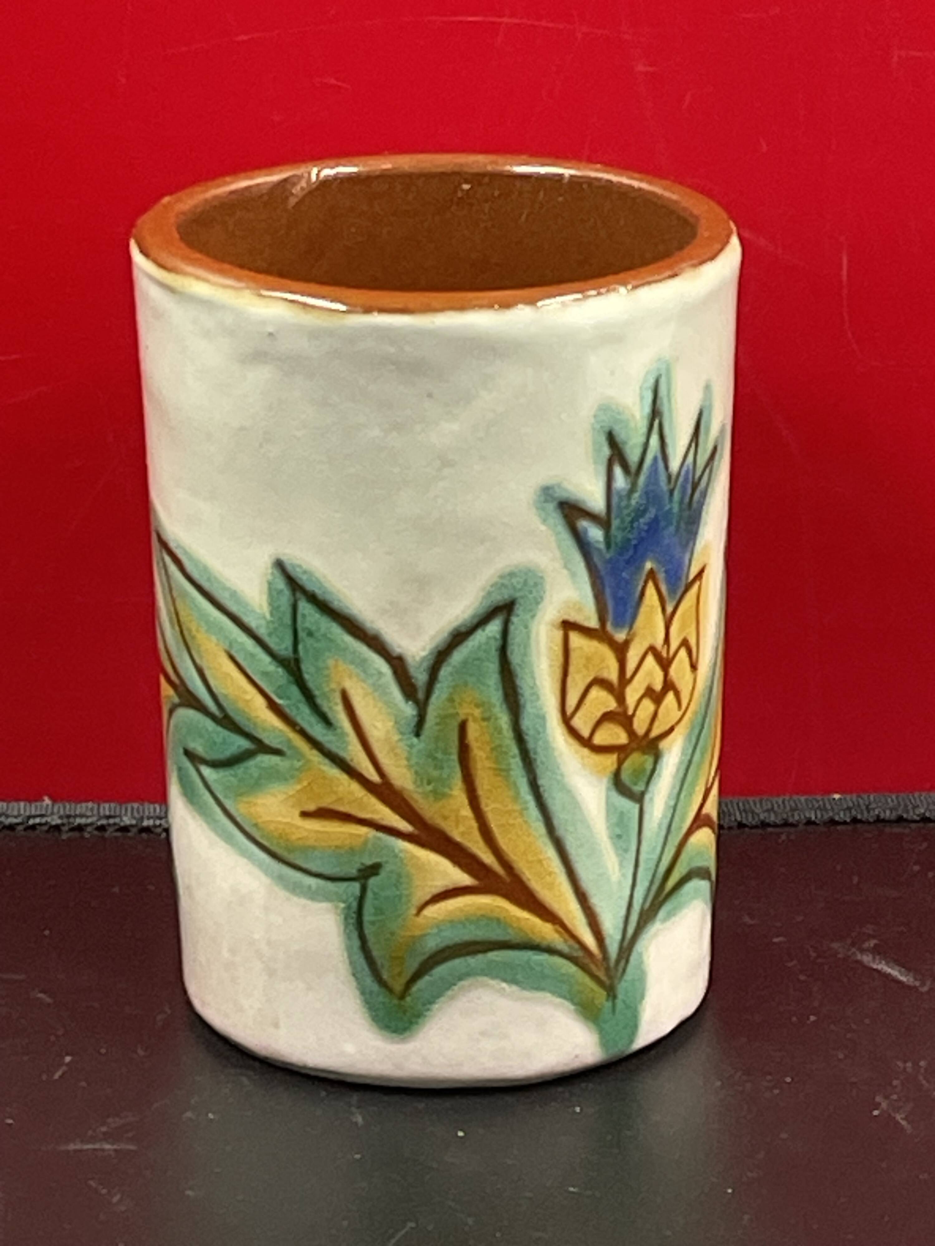 Vintage ceramic, 70" vintage cornflower enameled brush pot to identify