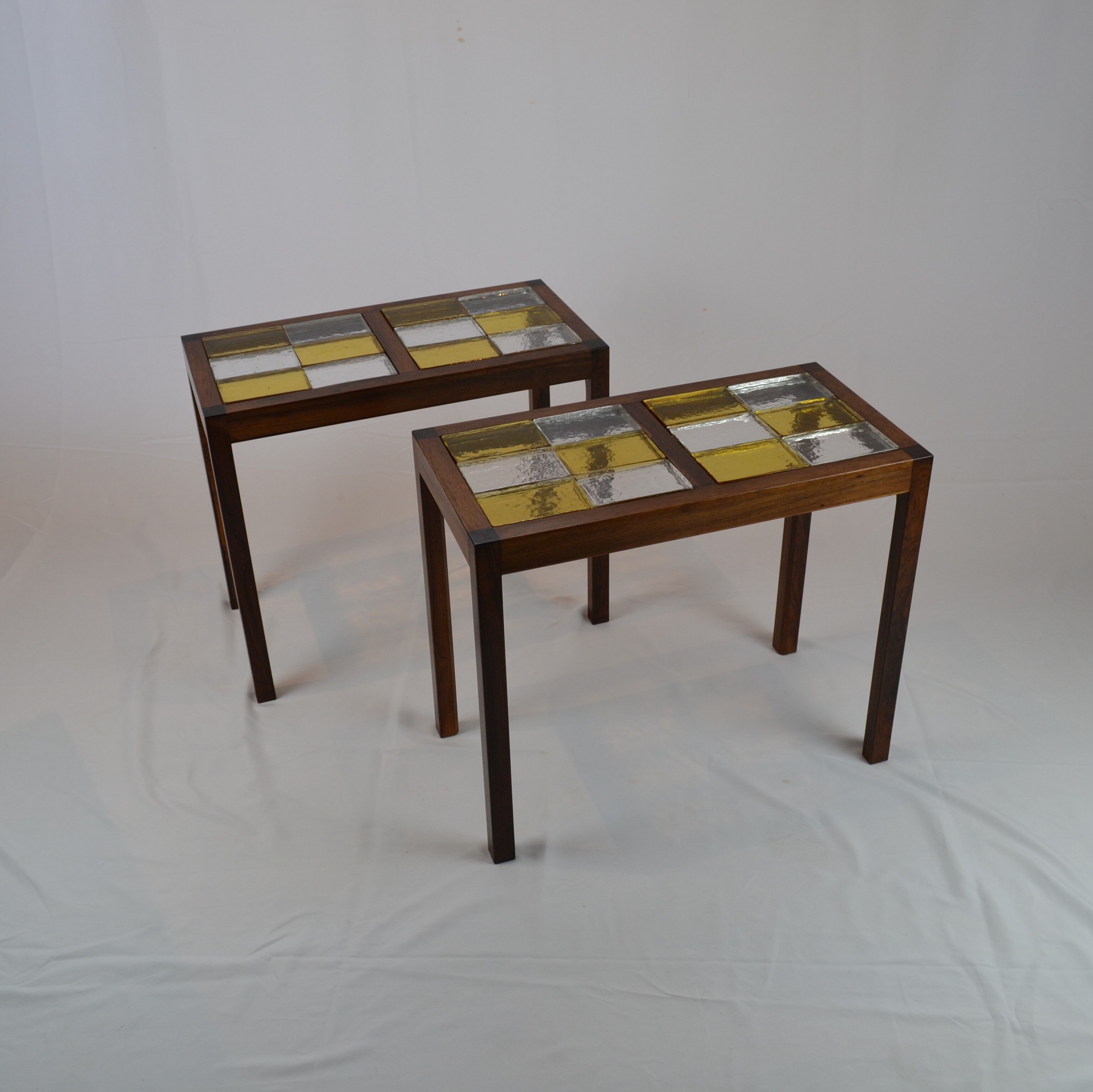 Pair of Scandinavian coffee tables in rosewood and glass tiles