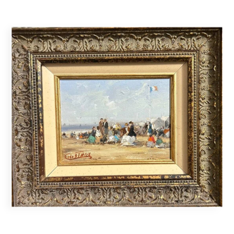 Francis CRISTAUX, Plage Animée, Huile Sur Toile