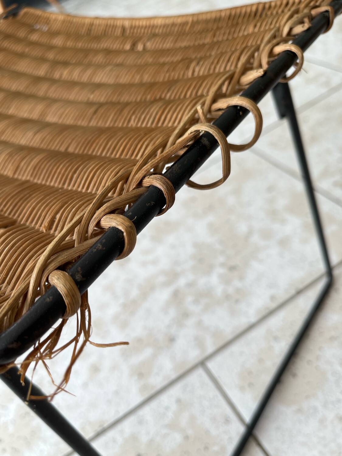 Vintage rattan and steel stool by Raoul Guys for Airborne, 1950s