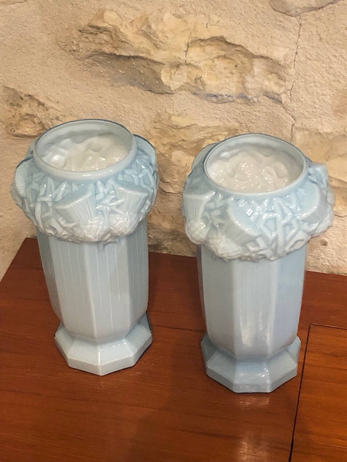 2 Antique blue opaline Art Nouveau vases with thistle motifs