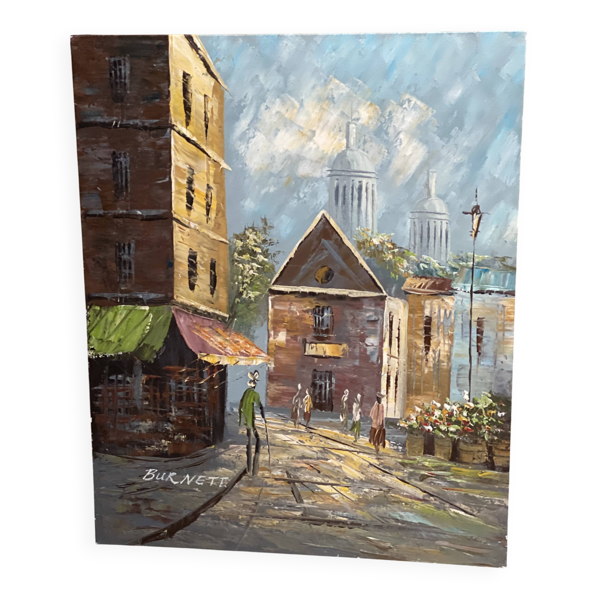 Painting by louis burnett, animated scene in paris, vintage 1950