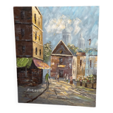 Painting by louis burnett, animated scene in paris, vintage 1950