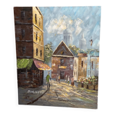 Painting by louis burnett, animated scene in paris, vintage 1950