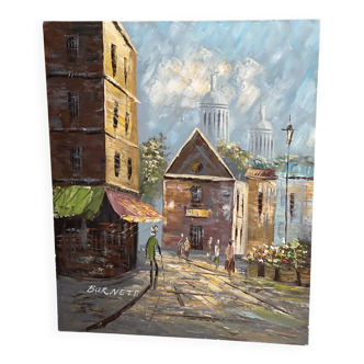 Painting by louis burnett, animated scene in paris, vintage 1950