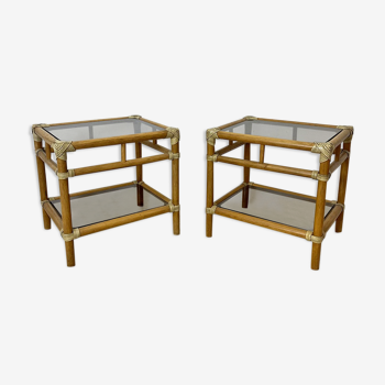 Pair of vintage rattan bedside tables 70's