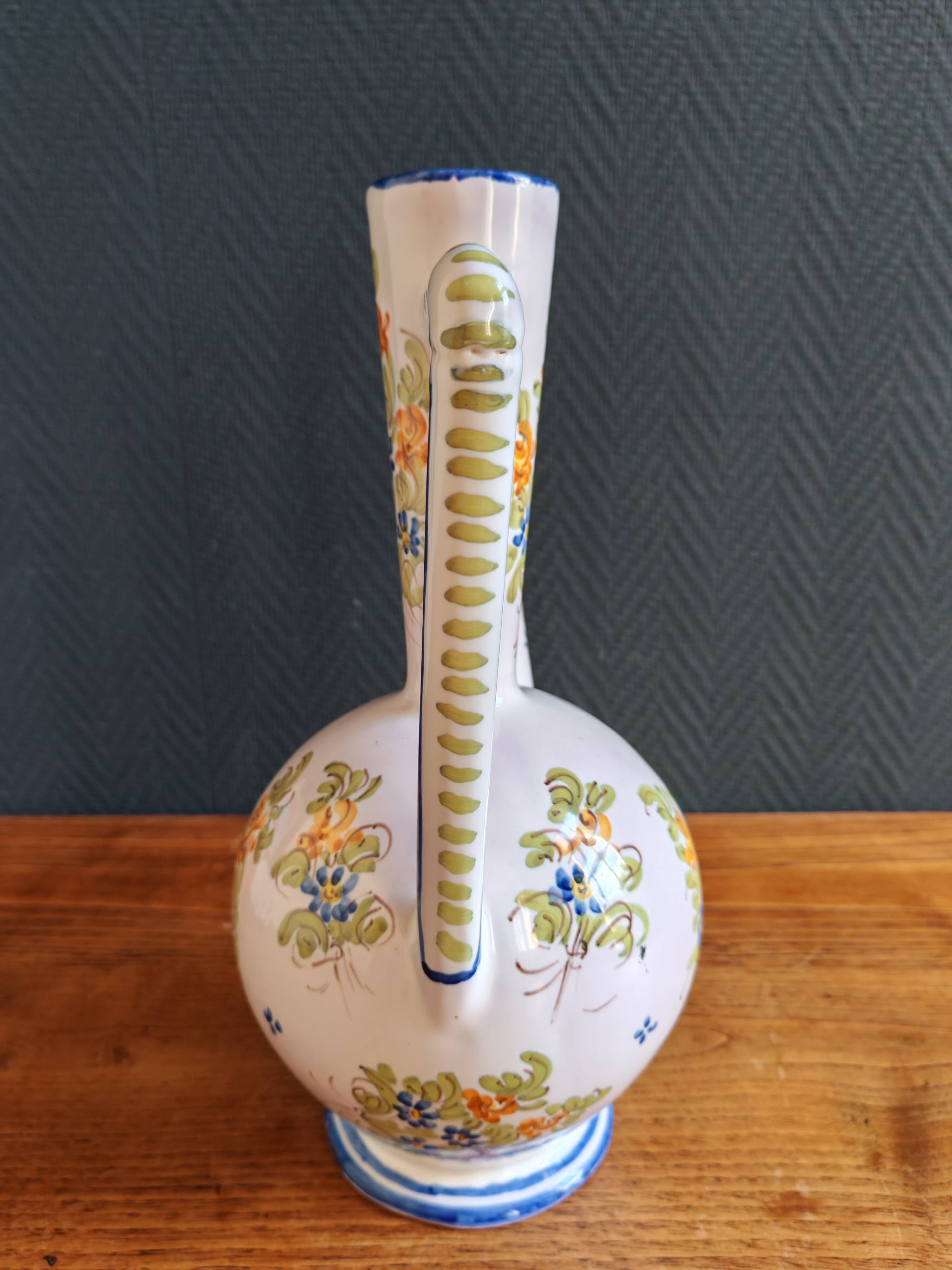 Vintage Glazed Earthenware Ewer/Pitcher – Hand-Painted Floral Decoration