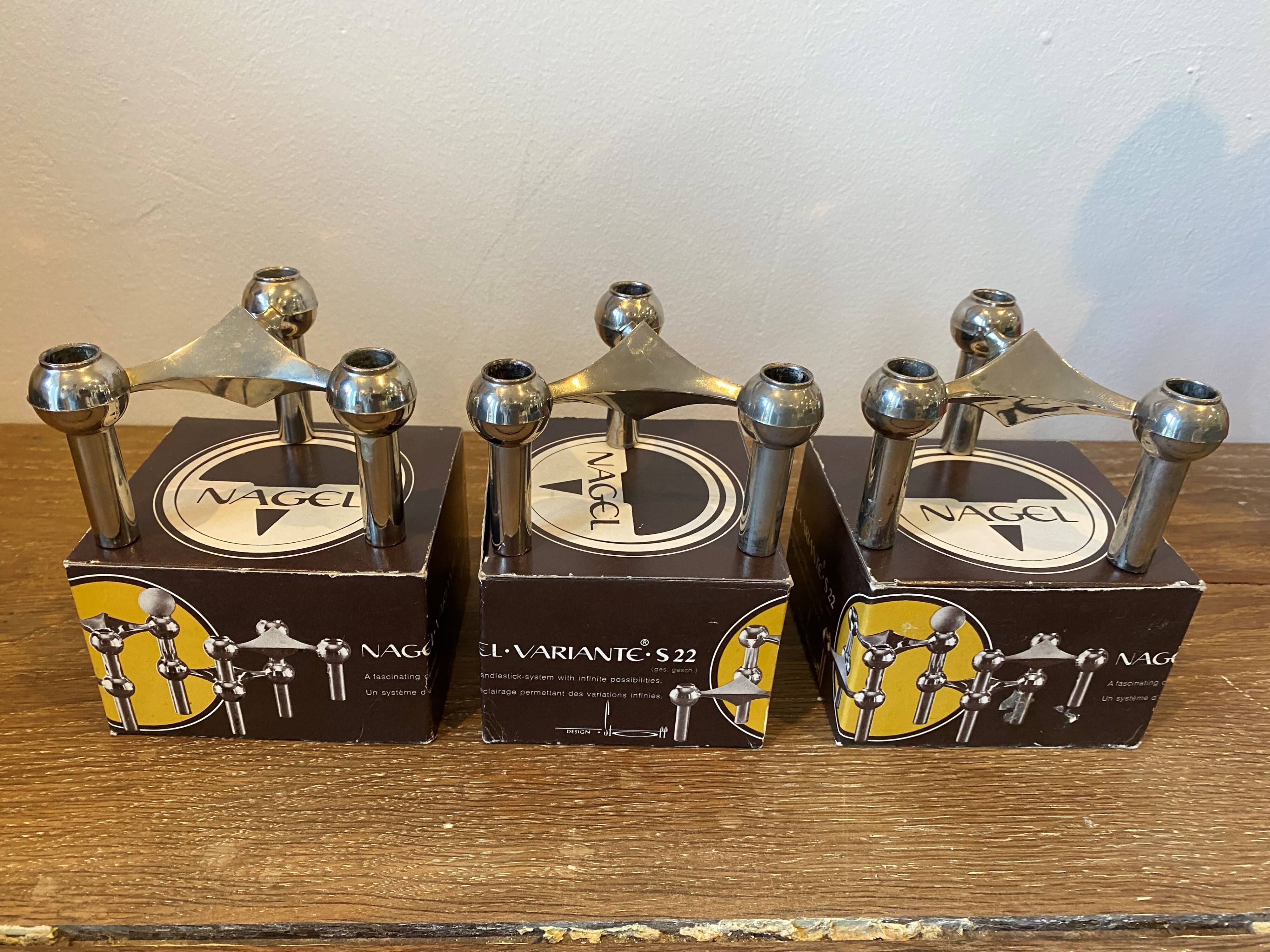 Series of 3 nagel s22 modular candlesticks with their original vintage box 1970