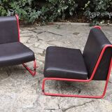 Pair of vintage drivers in red steel and skaï, France 1970