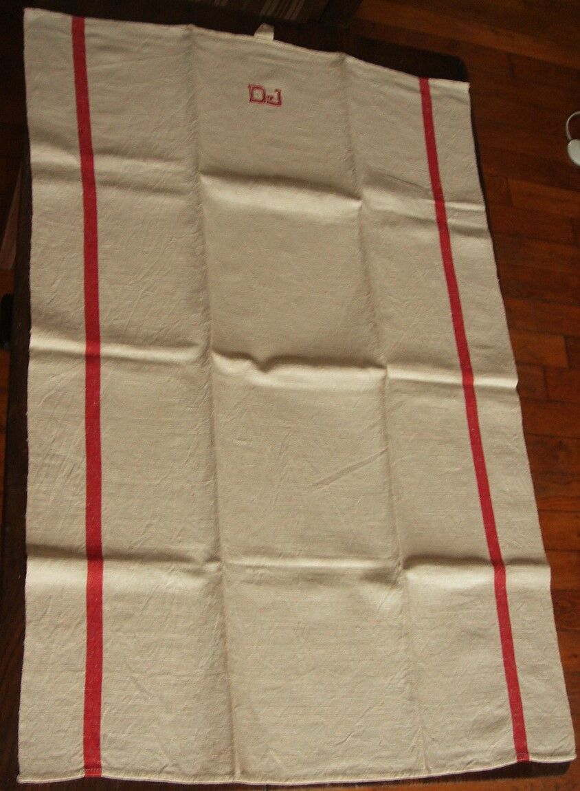 Lot 3 towels linen strips red monograms D J