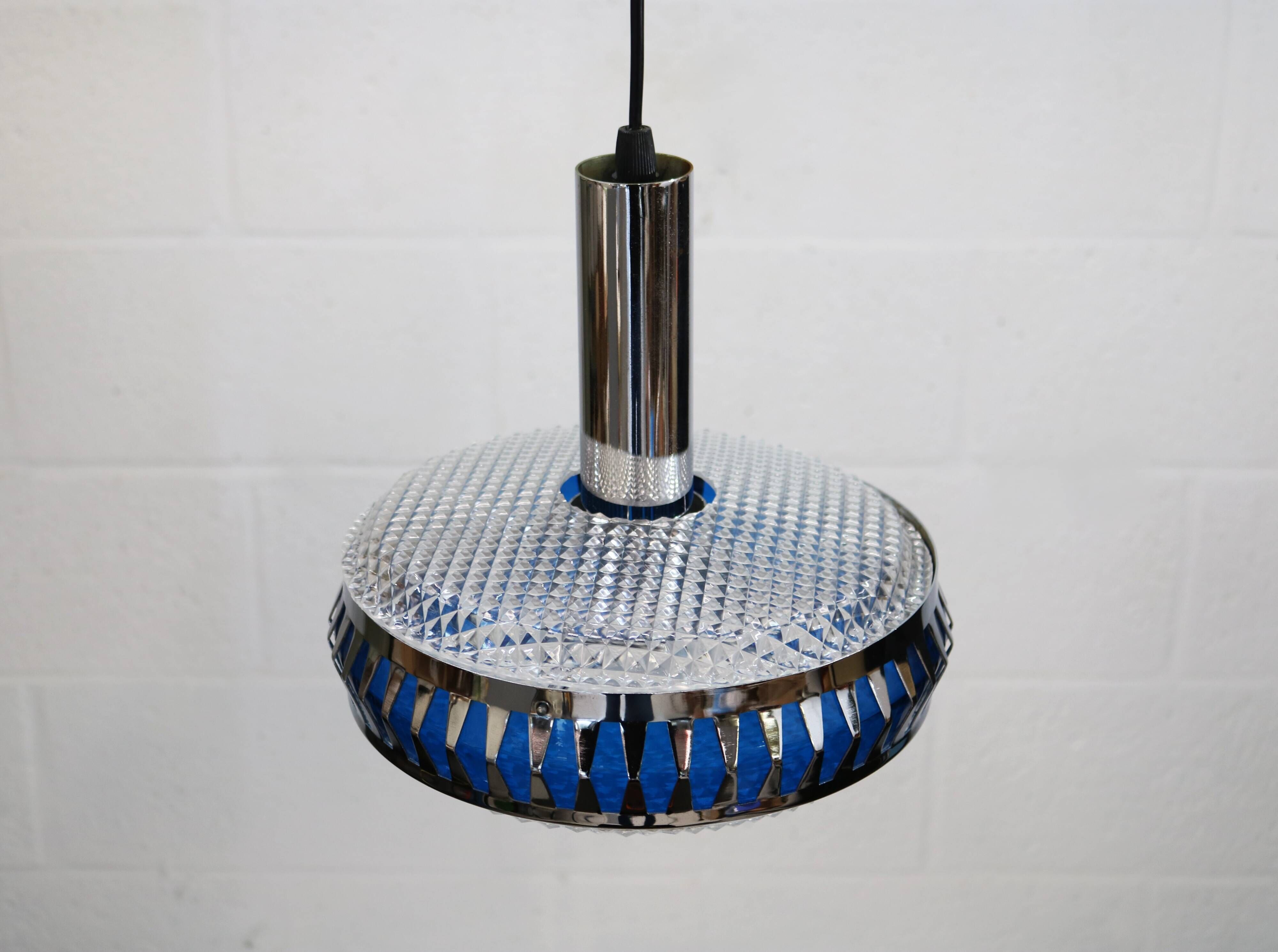 Vintage Chrome & Blue Pendant Lamp - 1970s Massive Belgium Lighting