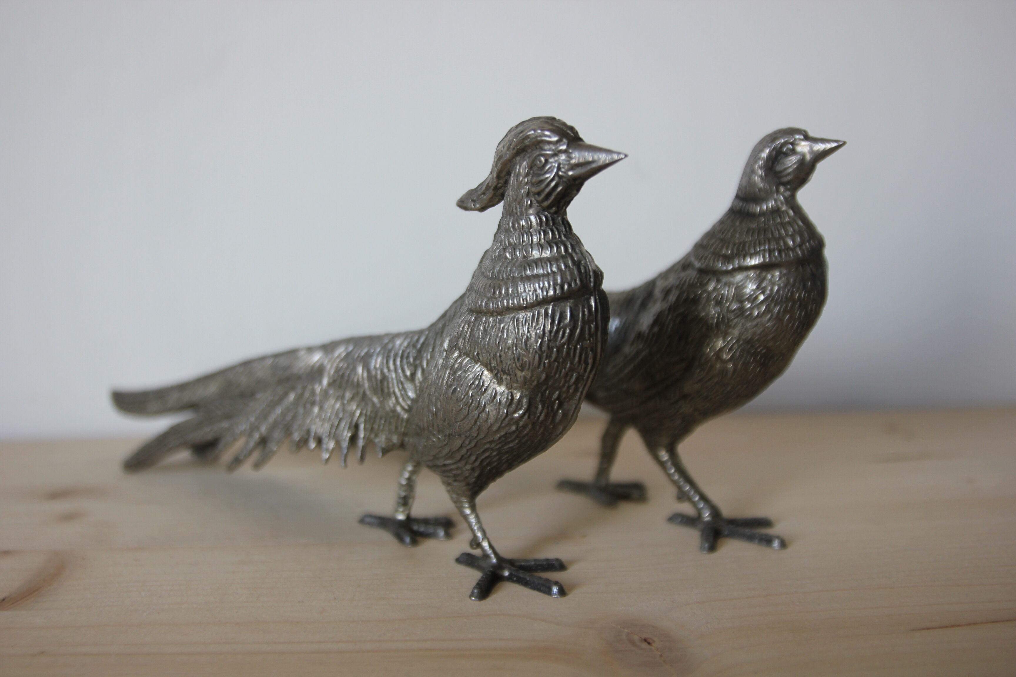 Pair of silver metal pheasants
