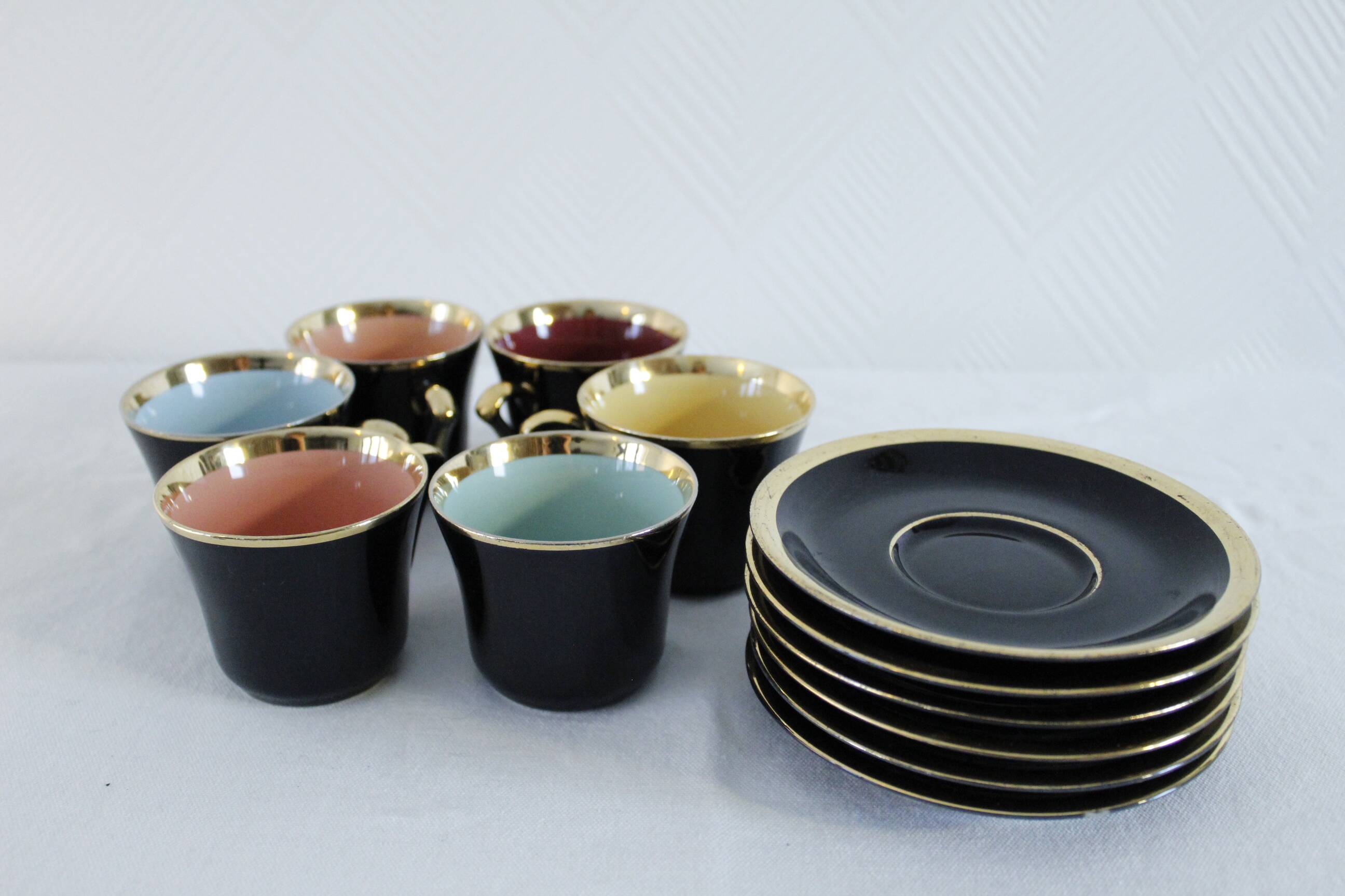 Porcelain coffee set - Porcelac - 6 cups + saucers - black and colors