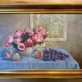Tableau ancien, Nature morte ou roses et fruits début XX siècle