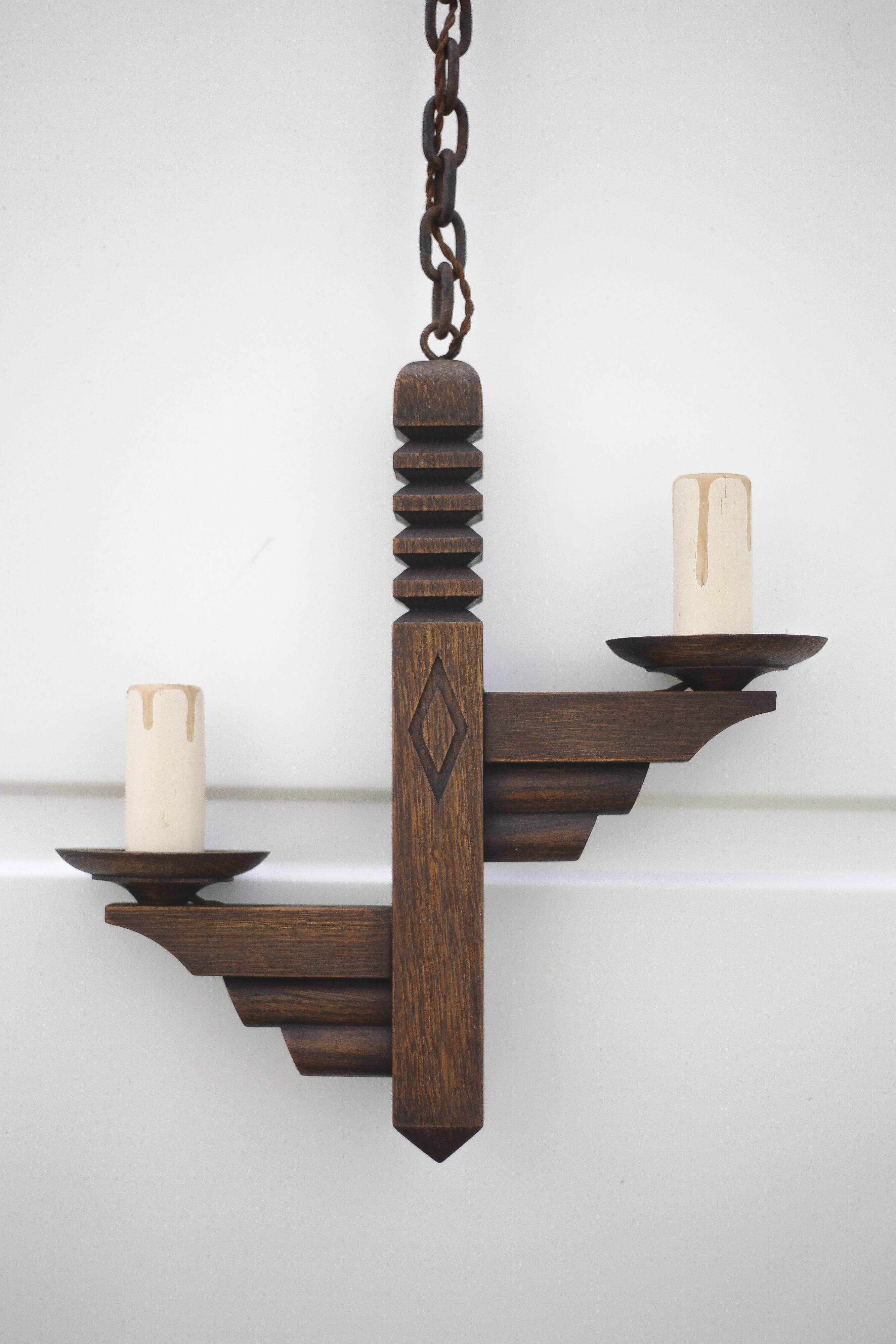 Wooden pendant light, vintage pendant light, 2-light wooden hanging lamp, Gothic