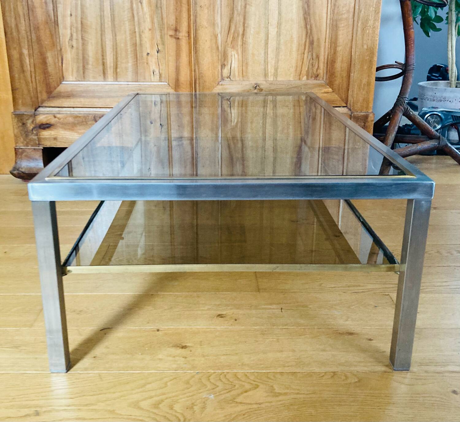 1970s coffee table in brushed metal, brass and smoked glass by Willy R