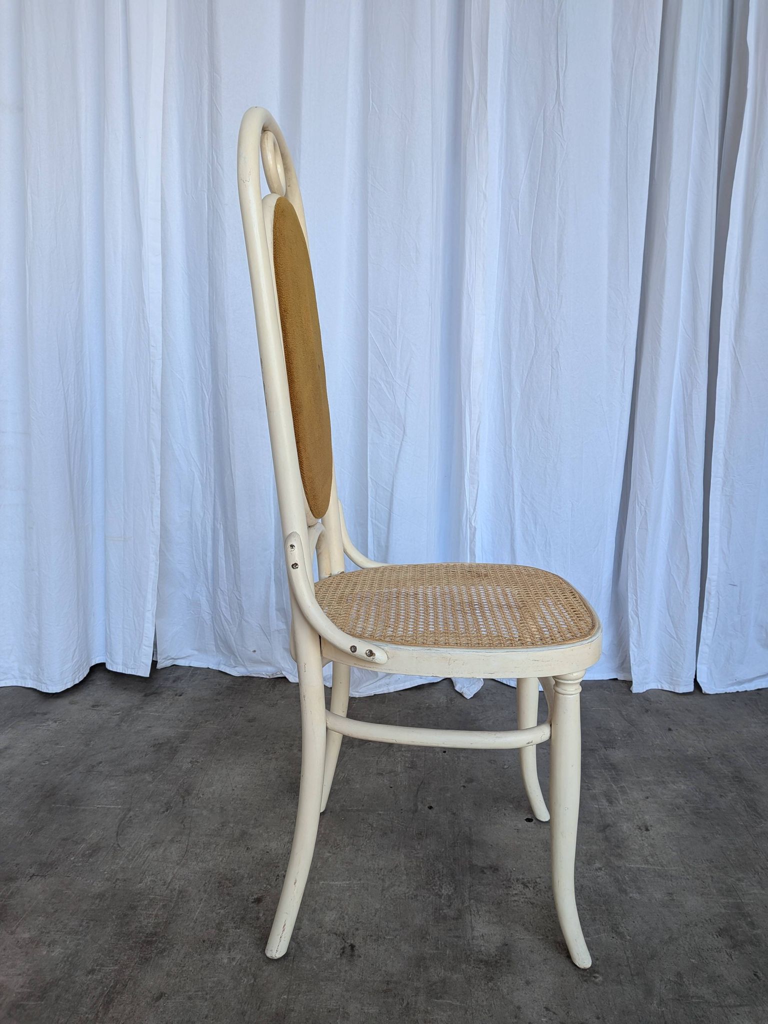 Vintage Thonet Bentwood Dining Chair: Cane Seat, Yellow Fabric Back
