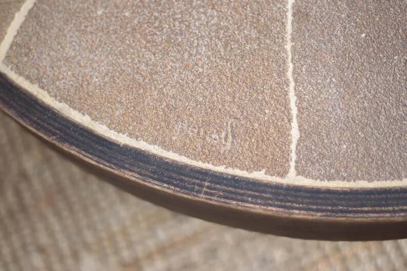 Coffee table signed Barrois, wood and stoneware table with plant decoration, France, interior decor.