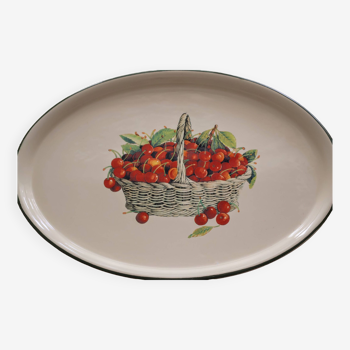 Retro oval serving dish with basket of cherries decor