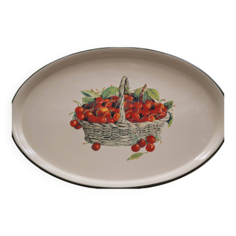 Retro oval serving dish with basket of cherries decor