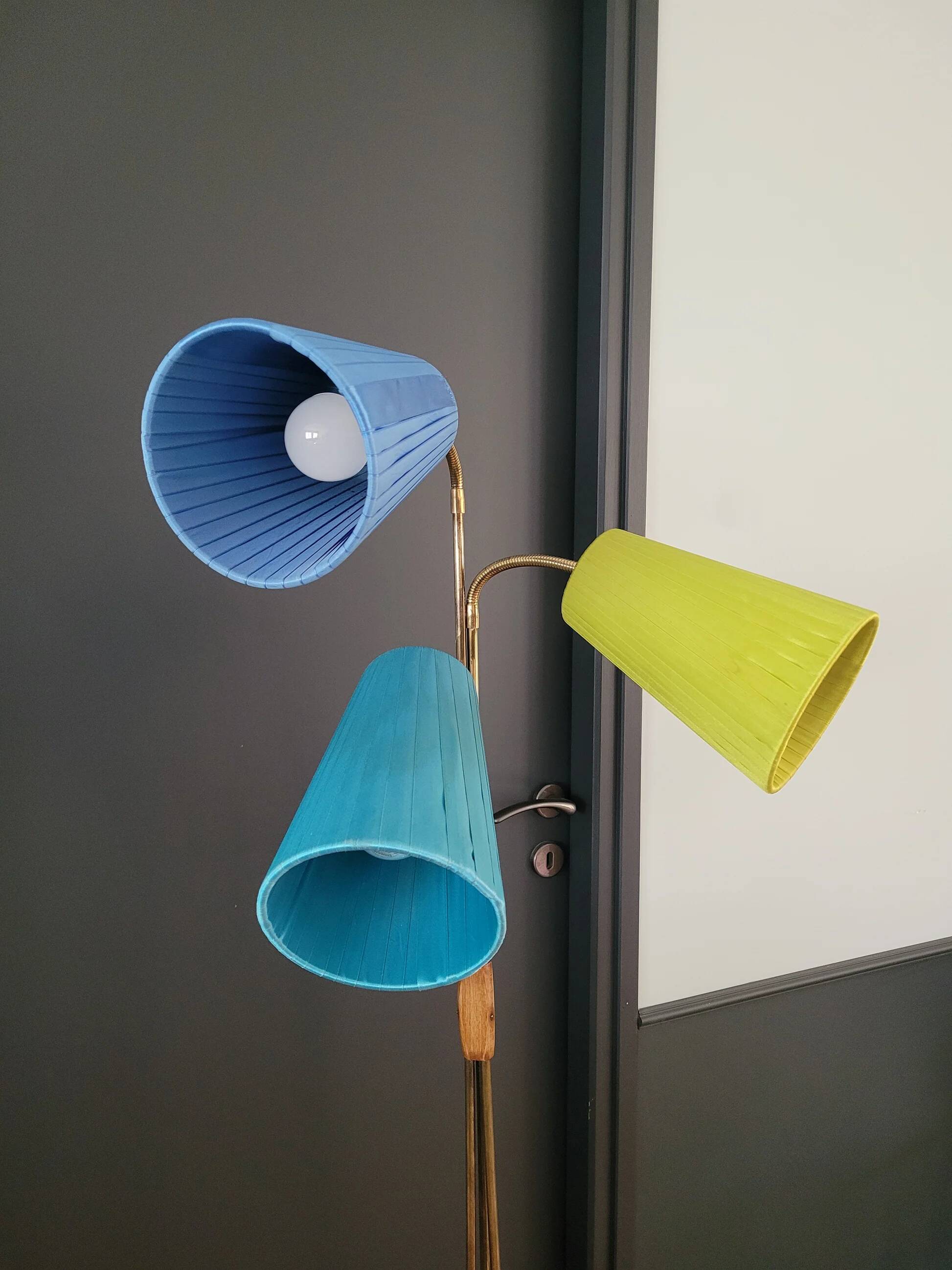 1950s three-light floor lamp with coloured shades