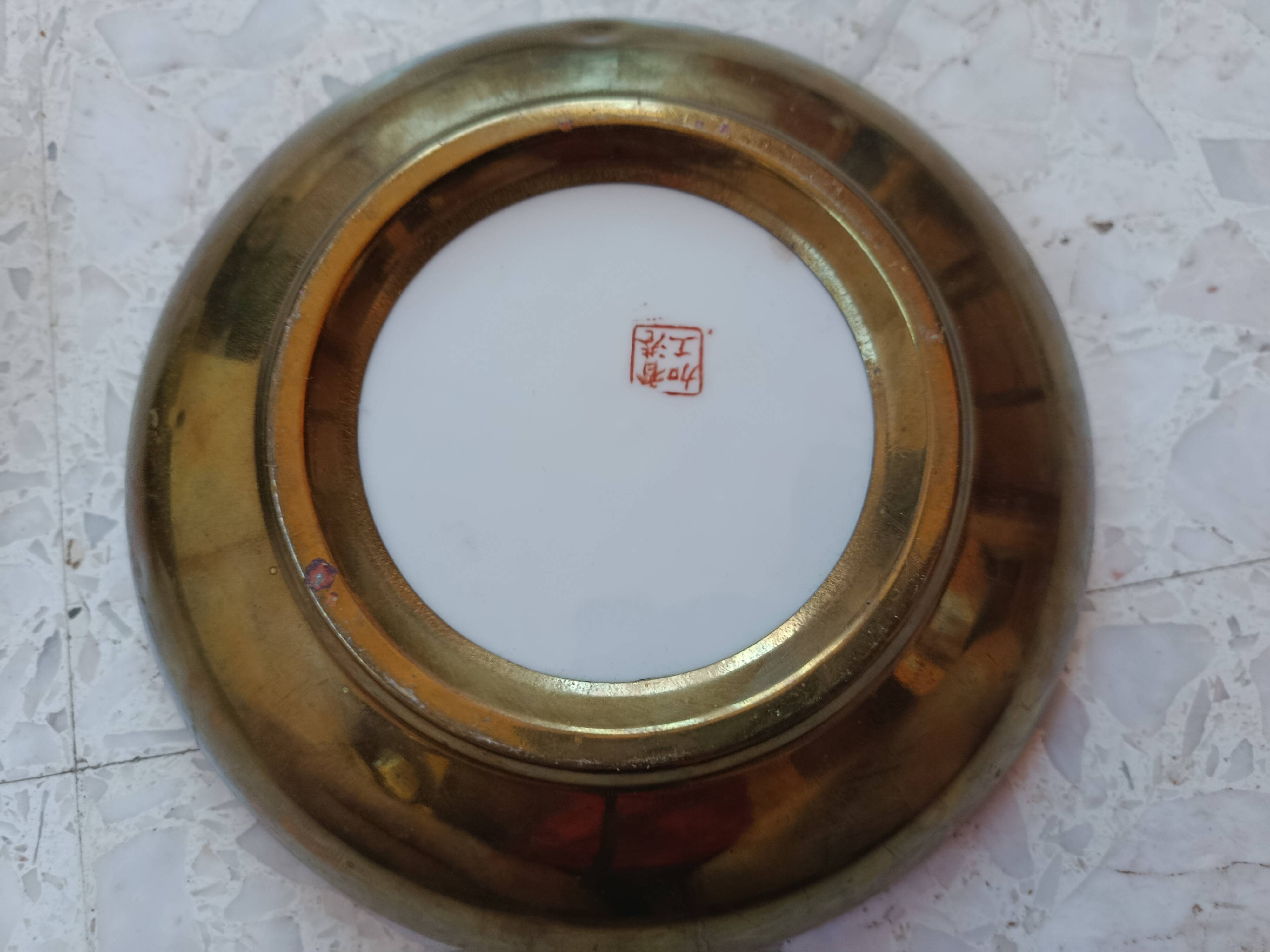 CHINA 20th CENTURY PLATE + BOWL porcelain cloisonné motifs HONG-KONG stamp